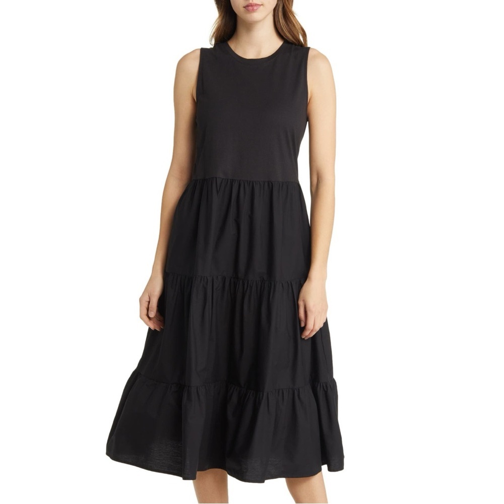 Cynthia Rowley Tiered Sleeveless Midi Dress in Black